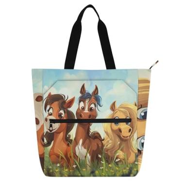 Imagem de Sacola feminina de trabalho de cavalos de desenho animado para escola, bolsa para livros, bolsas fofas para crianças, presente para amantes de livros