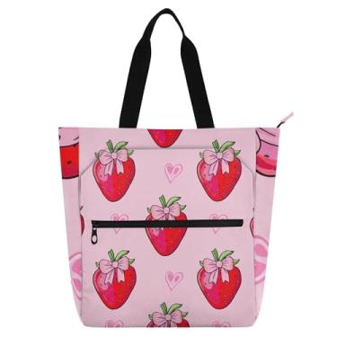 Imagem de Pink Strawberries Bows Hearts Bolsas femininas para trabalho lona praia escola sacola infantil bolsas fofas amantes de livros presentes
