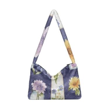 Imagem de GAIGEO Bolsa feminina com pintura a óleo azul e verde, bolsa de ombro feminina, bolsas de outono, Buquê de vaso aquarela em roxo, One Size