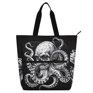 Imagem de GAIGEO Bolsa feminina preta e branca com caveira de polvo bolsa de trabalho de lona com zíper bolsa de praia média com compartimentos