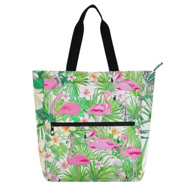 Imagem de GAIGEO Sacola feminina tropical rosa flamingos folhas verdes para trabalho bolsa escolar com zíper utilitário presente infantil para amantes de livros
