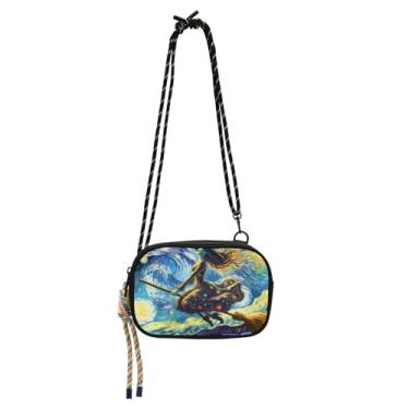 Imagem de TSENQUE Bolsas femininas para noite estrelada de bruxa de Halloween pequena bolsa transversal para celular bolsa de viagem sobre o ombro bolsas casuais