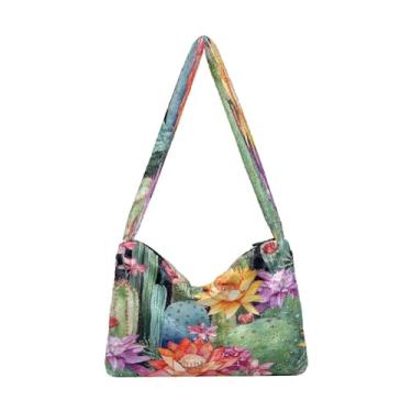 Imagem de Bolsas femininas coloridas em aquarela de cactos e flores, bolsas de ombro para livros, bolsas de outono, Aquarela colorida de cactos e flores - 2, One Size