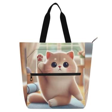 Imagem de Sacolas femininas de desenho animado gatinho para trabalho lona praia livro bolsa zíper crianças bolsas fofas livro amante presente