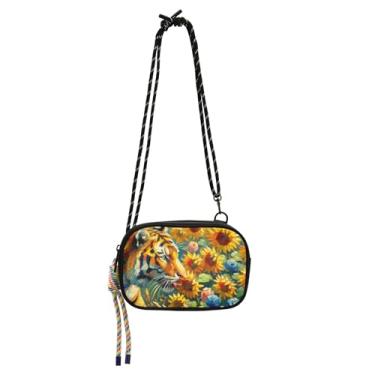 Imagem de TSENQUE Bolsa tiracolo feminina com pintura de girassóis tigre pequena bolsa de telefone com alça bolsas de ombro mini