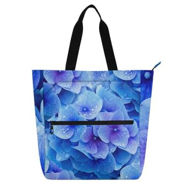 Imagem de GAIGEO Sacolas de trabalho com flores de hortênsia azul para mulheres, bolsa de lona para livros de praia, com zíper, presente para amantes de livros