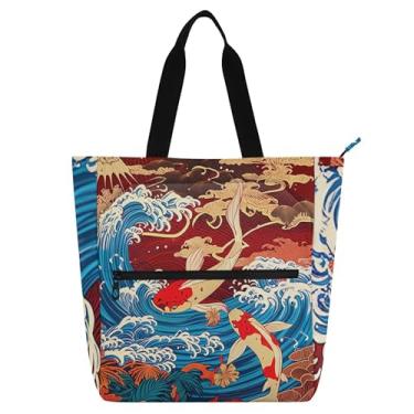 Imagem de Sacolas femininas japonesas Koi Fish Ocean Work Tote de lona escolar com zíper bolsas femininas infantis para amantes de livros presentes