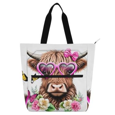Imagem de GAIGEO Linda bolsa de trabalho floral de vaca Highland para mulheres, bolsa escolar de lona com zíper, bolsas reutilizáveis para amantes de livros