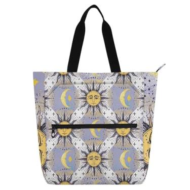 Imagem de Mystic Sun Moon Yellow Purple Work Bags for Women Tote Canvas Zipper Tote Bolsa de praia Bolsas de professores Livro Lover Gift