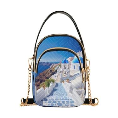 Imagem de GAIGEO Bolsa tiracolo pequena com folhas de palmeira verde flamingos rosa tropical, bolsas transversais femininas, bolsas transversais, Casa azul e branca - 4, One Size