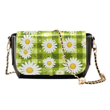 Imagem de Girassol em uma bolsa tiracolo amarela com bolso, bolsa de ombro de couro transversal, bolsas transversais de couro para mulheres, Xadrez verde com margaridas brancas-1, One Size