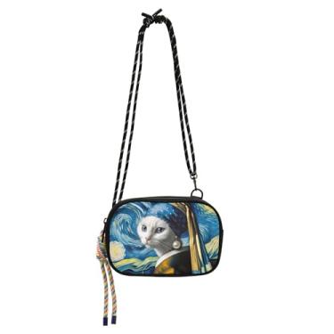 Imagem de TSENQUE Bolsa feminina divertida com pintura noturna estrelada de gato pequena bolsa tiracolo para celular bolsa de ombro pequena para viagem
