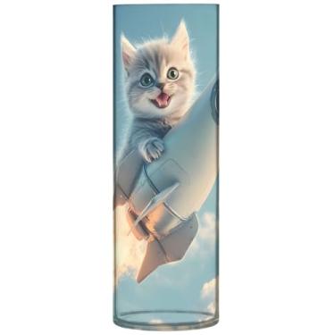 Imagem de Vaso redondo de plástico engraçado foguete gatinho gato fofo vasos cilíndricos para centros de mesa floral moderno vaso decorações, 30 cm x 9,9 cm