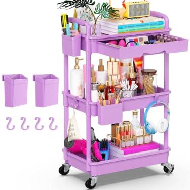 Imagem de Goovilla Organizador de carrinho utilitário de 3 níveis com gaveta removível, carrinhos de armazenamento roxos estáveis e resistentes com 2 rodas com trava para banheiro, cozinha, lanche, artesanato
