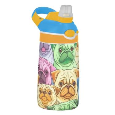 Imagem de Garrafa de água infantil colorida com canudo 473 ml 473 ml Garrafa de água de plástico Tritan à prova de vazamento, reutilizável para viagem, portátil, alça de transporte