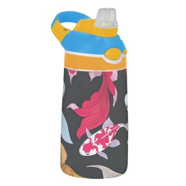 Imagem de Garrafa de água colorida para crianças, peixe, koi, preto, com canudo 473 ml, 473 ml, garrafa de água esportiva Tritan portátil, reutilizável para viagem, à prova de vazamento, alça de transporte