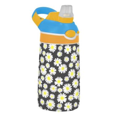 Imagem de Chic White Daisies Garrafa de água preta para crianças 473 ml Garrafa de água de plástico reutilizável com tampa de canudo 473 ml Tritan copo de viagem portátil infantil à prova de vazamento, alça de