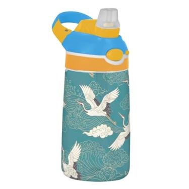 Imagem de Chic Cranes Waves Clouds Garrafa de água infantil com canudo 473 ml Tritan 473 ml Garrafa de água esportiva à prova de vazamento, copos de viagem reutilizáveis para crianças, portátil, alça de