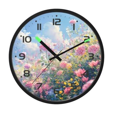 Imagem de SEHANY Herb Wildflower Relógio de parede silencioso sem tique-taque relógio redondo operado por bateria 30 cm controle de som luz noturna relógios de parede para sala de estar, cozinha, quarto