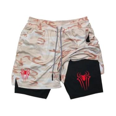 Imagem de Shorts Esportivos Masculinos Com Estampa De Aranha, Compressão 2 Em 1,