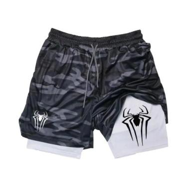 Imagem de Shorts Esportivos Masculinos Com Estampa De Aranha, Compressão 2 Em 1,