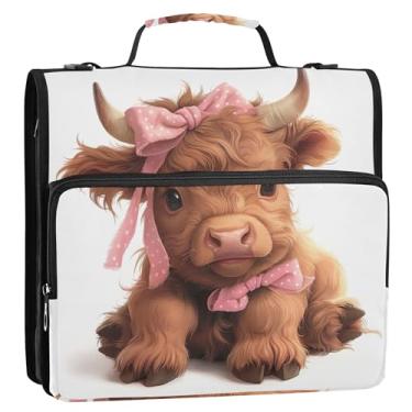 Imagem de 3 fichários para fichários de 3,8 cm, linda estampa de vaca Highland Highland, com zíper, bolsa organizadora com alça para escola, floral, portfólio, suporte para 500 folhas