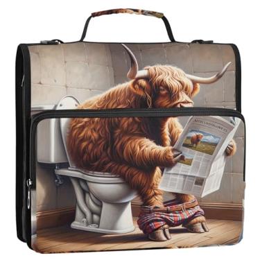 Imagem de Fichários de 3 cm com 3 anéis, resistente, engraçado, de vaca Highland, com zíper, com alça de ombro para escola, rosa, pasta de portfólio com alça