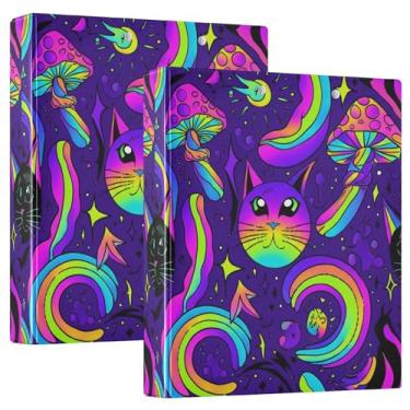 Imagem de Fichário de 3 anéis psicodélicos coloridos personalizados para gatos roxos, 2,8 cm, 200 folhas, 3 pastas de anéis, fichário de receita de anel redondo, 31,5 x 27 x 6 cm, pacote com 2