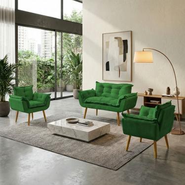 Imagem de Kit Namoradeira Decorativa E 2 Poltronas Confortável Para Sala Recepção Manicure Consultório Escritório Alice Tecido Suede