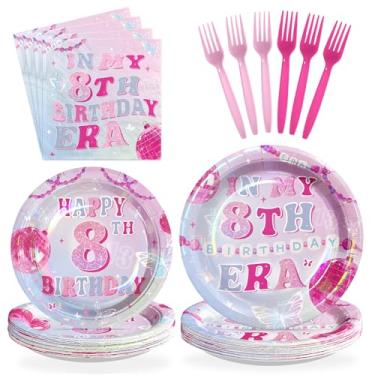 Imagem de Greencian 96 peças In My 8th Birthday Era, suprimentos de festa, rosa, azul, pratos e guardanapos, conjunto de utensílios de mesa com tema de cantor popular para meninas de 8 anos, aniversário, rosa