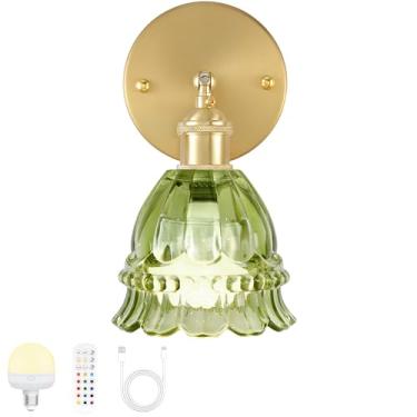 Imagem de FFVU Arandela de parede vintage com abajur de flor, luzes de parede alimentadas por bateria recarregável, lâmpada de parede com 15 cores para quarto, sala de estar, decoração de casa (verde lírio, 1