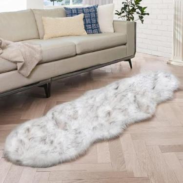 Imagem de ORINOVA Tapete de corredor felpudo de pele sintética ultra macio branco e cinza, 5 x 15 cm, para quarto de adolescente, dormitório, sala de estar, lavável, tapete de área peludo, decoração