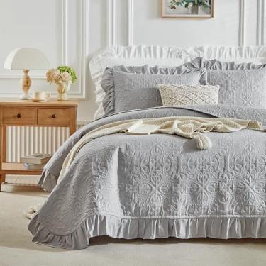 Imagem de Conjunto de colcha de babados tamanho king 244 x 274 cm - 3 peças de roupa de cama rústica com babados para mulheres e homens, cinza