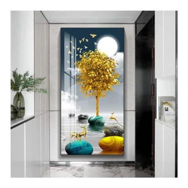 Imagem de 1 peça de arte de parede em tela de árvore dourada e animais de veado pôsteres e impressões imagens de parede para sala de estar decoração de casa nórdica - (72 x 142 cm) moldura interna de 71 x 142