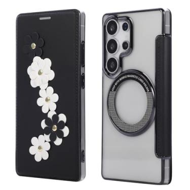 Imagem de Capa carteira para Samsung Galaxy S24 Ultra, 3 compartimentos para cartão e anel magnético, bloqueio RFID, compatível com carregamento sem fio, traseira transparente, design floral de couro, proteção