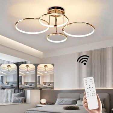 Imagem de Luminária de teto LED dourada, pendente redonda moderna com acabamento eletroplaqueado, luminária de teto regulável com controle remoto, luminárias de teto para quarto, sala de estar, cozinh