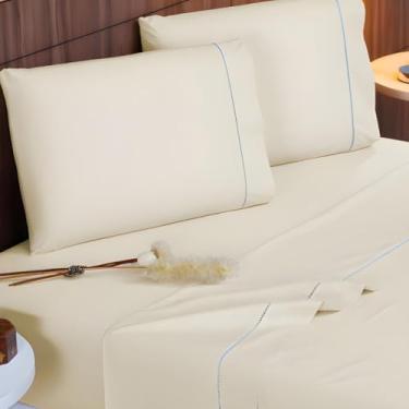 Imagem de Jogo de Lençol Queen 4 Peças 400 Fios Micropercal Toque de Seda Lençol com Elástico Fronhas Ponto Palito(PALHA)