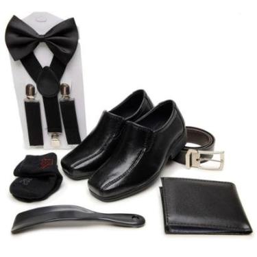 Imagem de Kit Pajem Casamento Sapato Social Infantil Cinto Carteira Suspensorio Gravata Borboleta Calçadeira M-Masculino