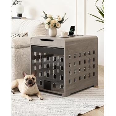 Imagem de Mobiliário moderno para cães com estação de carregamento canil médio interno com porta de acrílico oculta dobrável para raças pequenas e médias até 22,7 kg, gaiola lateral de madeira para animais de