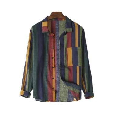 Imagem de Camisa De Algodão Masculina De Manga Longa Com Botões E Listras Colori