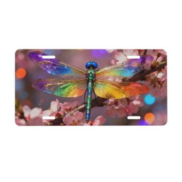 Imagem de Placa frontal colorida de libélula ameixa flor rosa placa de licença decorativa de alumínio placa de carro de metal 15,2 cm x 30,5 cm capa de etiqueta de vaidade novidade com 4 furos acessório de