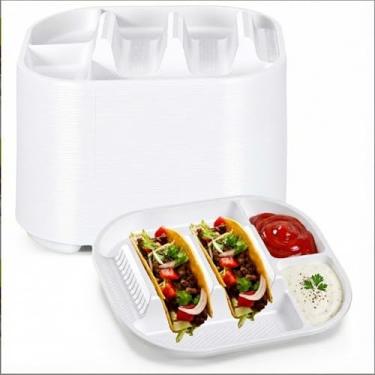 Imagem de Baderke Pacote com 60 pratos descartáveis de taco, placas de suporte de taco de PP com 2 divisórias para conchas macias e duras para terça-feira, festas, piqueniques, bandejas resistentes para tacos