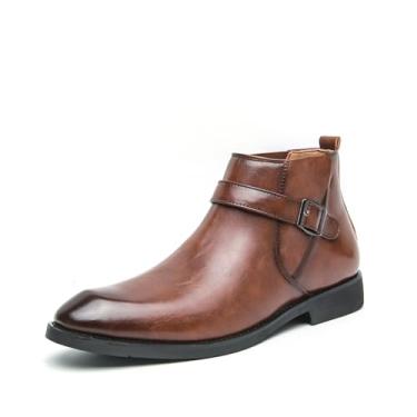 Imagem de Chelsea Botas masculinas casuais confortáveis de cano curto com design de fivela para trabalho de negócios botas de couro PU para homens, Marrom, 40
