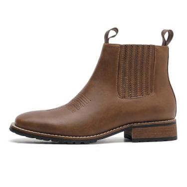 Imagem de Botas masculinas Western Chelsea com bico quadrado, botas de cano curto de couro PU com painéis laterais elásticos e salto de madeira empilhado, Marrom claro, 40