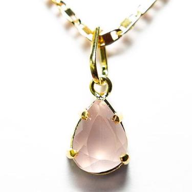 Imagem de Colar Gota Pedra Quartzo Rosa Natural Facetado Garra Dourada - Cristai