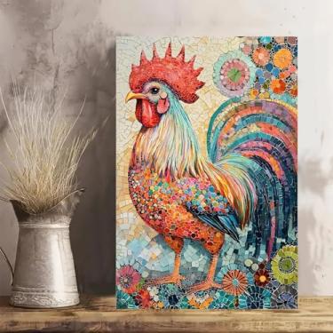 Imagem de Arte de parede em tela rústica vintage de galo colorido - Pôster sem moldura de 30 x 45 cm - Ideia de presente para decoração de casa e escritório para sala de estar, quarto, cozinha e café