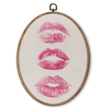 Imagem de Hxlac Arte de parede oval de beijo rosa moderna emoldurada, decoração de parede oval de berçário feminino, minimalismo coquete para pendurar em tela, esculturas de parede para decoração de casa, sala