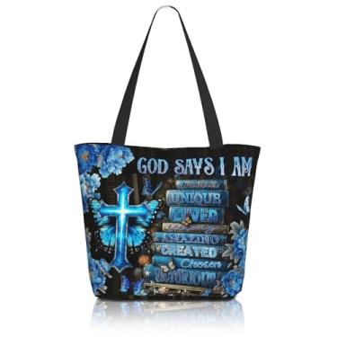 Imagem de Musealia Sacolas cristãs para mulheres, bolsas bíblicas para mulheres, presentes religiosos, bolsa de igreja, reutilizável, sacola de compras de supermercado, God Says I Am, One Size