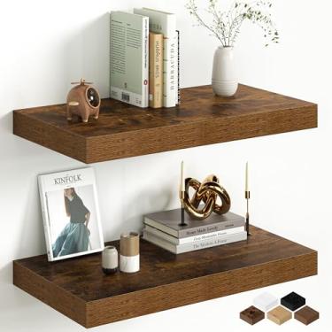 Imagem de Prateleiras flutuantes de 61 cm para parede, pacote com 2 prateleiras de madeira rústica para quarto, cozinha ou banheiro, prateleira flutuante montada na parede com suportes invisíveis para livros