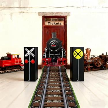 Imagem de Teenyyou 3 peças de decorações de festa de trem incluem 2 peças de caixas de lembrancinhas de sinal de trânsito de 43 cm, 1 peça 61 x 25 m, corredor de corredor de trilho de trem de plástico para